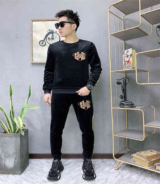 

tracksuits luxury brand embroidery hoodie suit clothing sportswear plus velvet padded men's jerseys, Gray