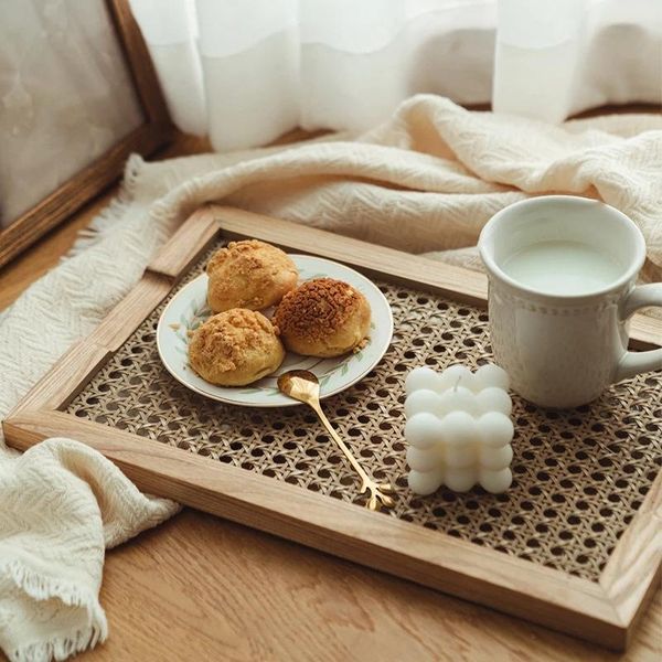

household japanese rattan wooden storage plate nordic tea tray breakfast retro decorations and ornaments kitchen & organization