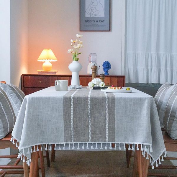 

table cloth stripe burlap linen decorative tablecloth for rectangle tassels outdoor party kitchen dining cover