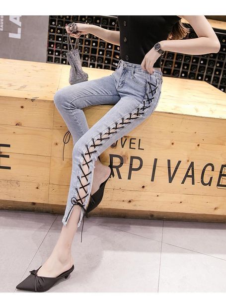 

women's pants & capris gothic leggings bandage women blue slim lace-up streetwear skinny fashion casual harajuku goth, Black;white