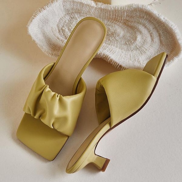 

genuine leather mules pleated thin high heels ladies slippers spring summer wedding prom shoes woman beige green pink yellow, Black