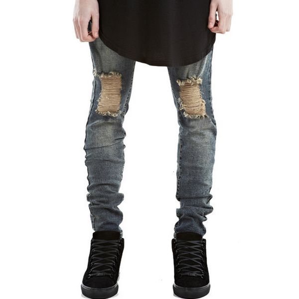 

men's jeans fashion casual high street brand pure black ny little elastic jeans men's knee hole hip hop denim trousers 81am, Blue