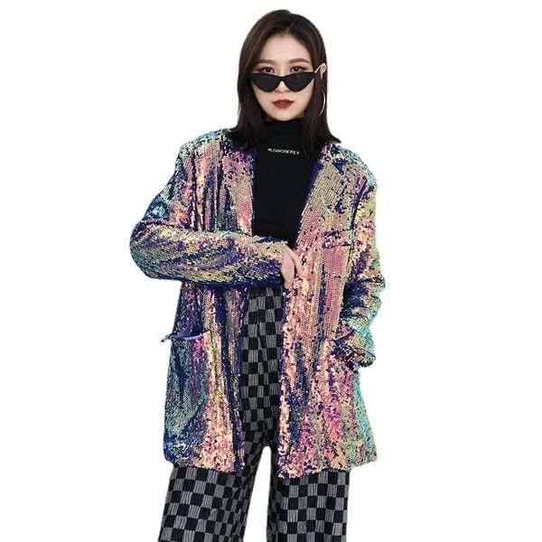 

women's jackets loose fit blue sequins big size casual lapel long sleeve coat fashion tide spring autumn 2021 coats clothing, Black;brown