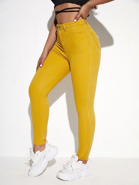 

high waisted solid zip up skinny jeans o6xy#, Blue