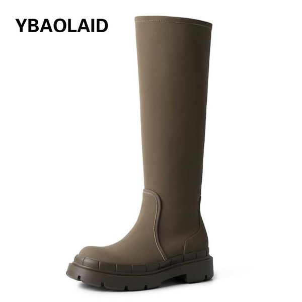 

boots trend army green casual platform cow leather high tube handsome round toe fashionable all-match knee, Black