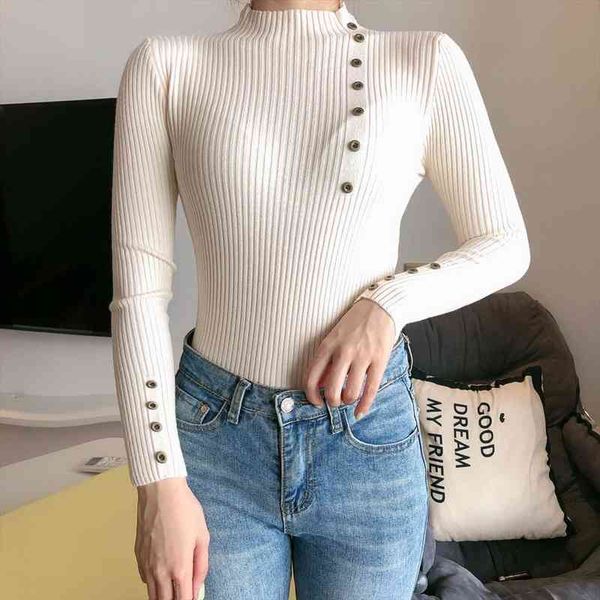 

autumn winter women ladies turtleneck button sweater knit pullover slim soft jumper sweater female jersey clothing, White;black