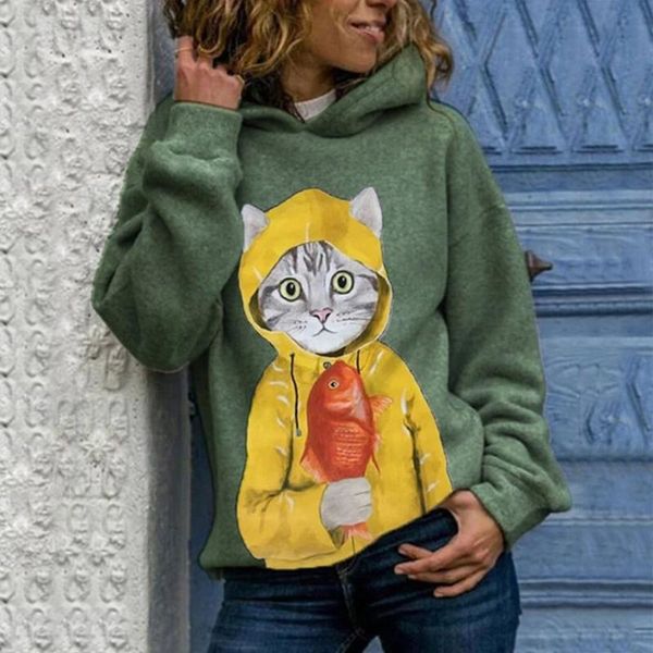 

women winter cat catching fish sweatshirts loose hooded printed pullover casual ladies fashion k women's hoodies &, Black