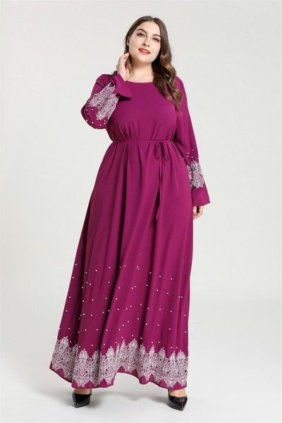 

casual dresses dignified plus size women's long dress elegant embroidery beading belt maxi sleeve fashion swing woman muslim, Black;gray