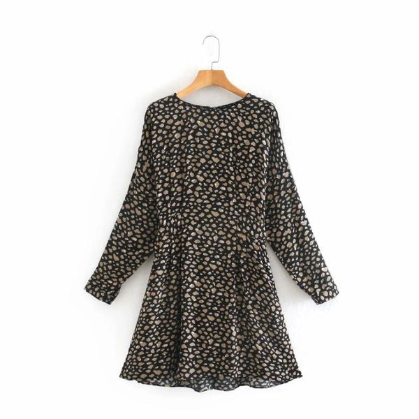 

women vintage leopard print sashes loose mini dress female o neck long sleeve clothes casual lady vestido d6772 dresses, Black;gray