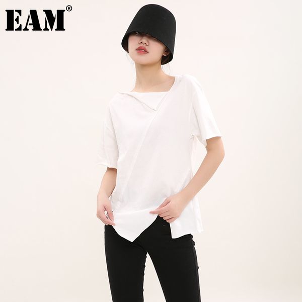 

[eam] women white asymmetrical split joint casual t-shirt round neck short sleeve fashion spring autumn a662 210512