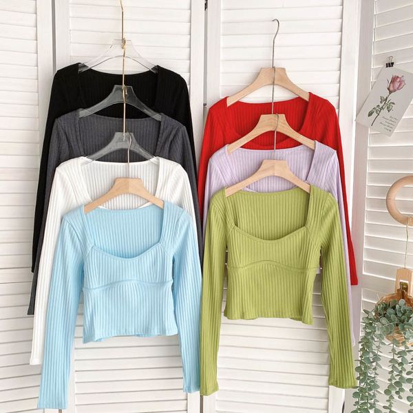 

women's sweaters croysier women 2021 fashion square neck long sleeve crop knitted sweater cropped ribbed pullover casual jumper, White;black