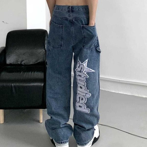 

men's jeans retro pockets letter embroidery ripped casual women and men straight oversize streetwear denim trousers baggy, Blue