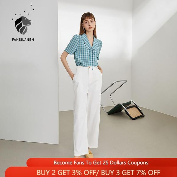 

women's blouses & shirts fansilanen office lady lace-up plaid short sleeve shirt women summer 2021 thin french design sense small chic, White