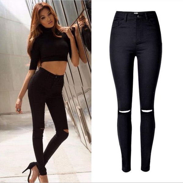 

women's women high waist hole jeans skinny denim stretchy pencil pants female casual trousers, Blue