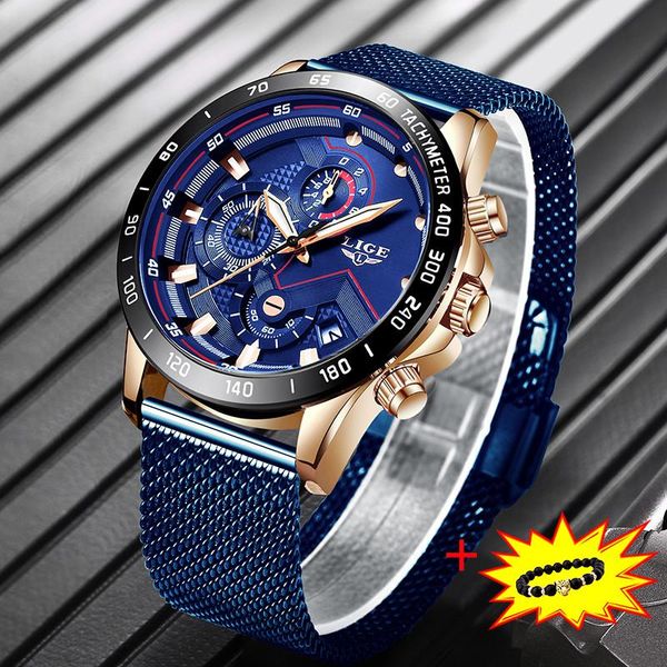 

wristwatches 2021 lige mens watches waterproof clock blue casual mesh belt fashion quartz gold watch relogio masculino, Slivery;brown