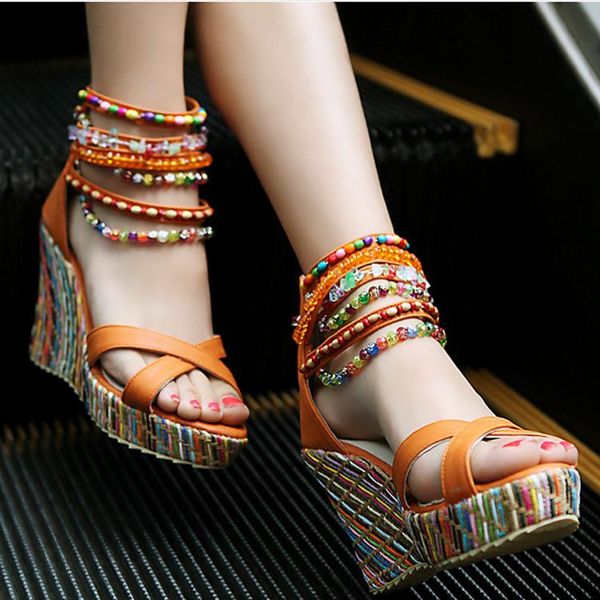 

bohemian handmade beaded women high heeled sandals fashion wedge shoes candy colored, Black