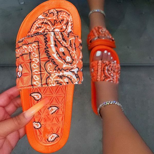 

slippers for women print 2021 summer slip on ladies flat sandals casual slides female comfort flops 35-43, Black