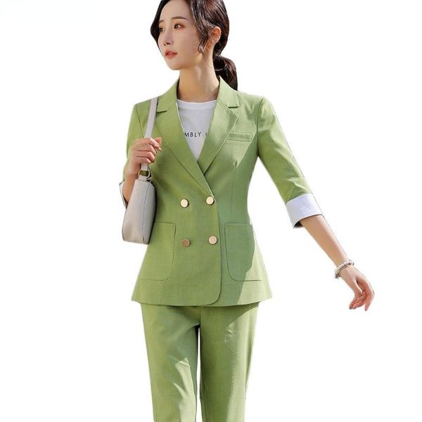 

women's two piece pants green yellow black pieces set women girl casual pant suit double breasted half sleeve jacket blazer with size s, White