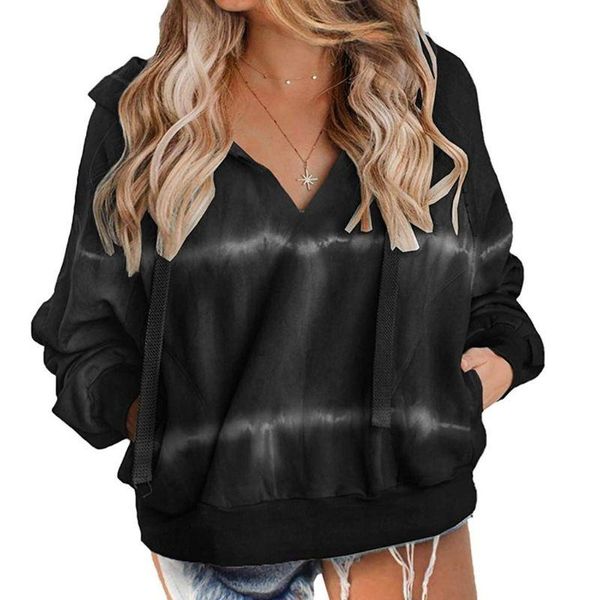 

women's hoodies & sweatshirts women long sleeve drawstring v-neck tie-dye stripe loose sweatshirt, Black