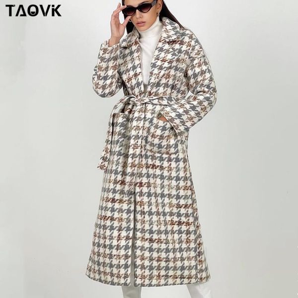 

women's wool & blends taovk houndstooth jackets coats medium-long belt turn-down collar pockets parka woolen coat, Black
