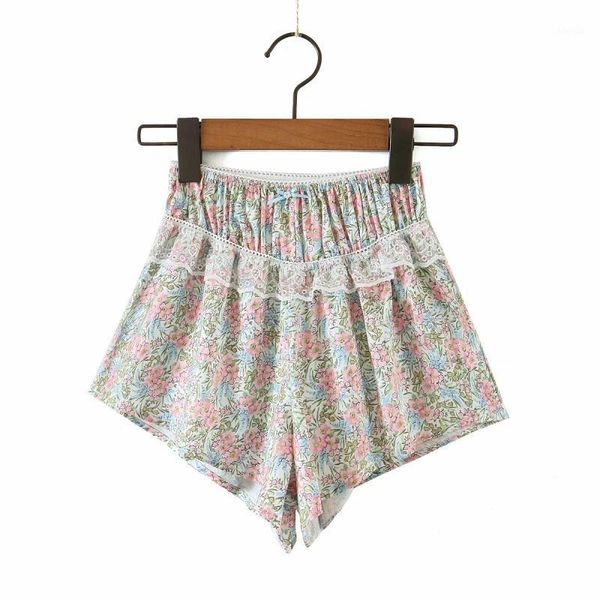 

women's shorts 2021 women fashion chic floral print lace spliced female drawstring elastic waist short pants girls casual faldas, White;black