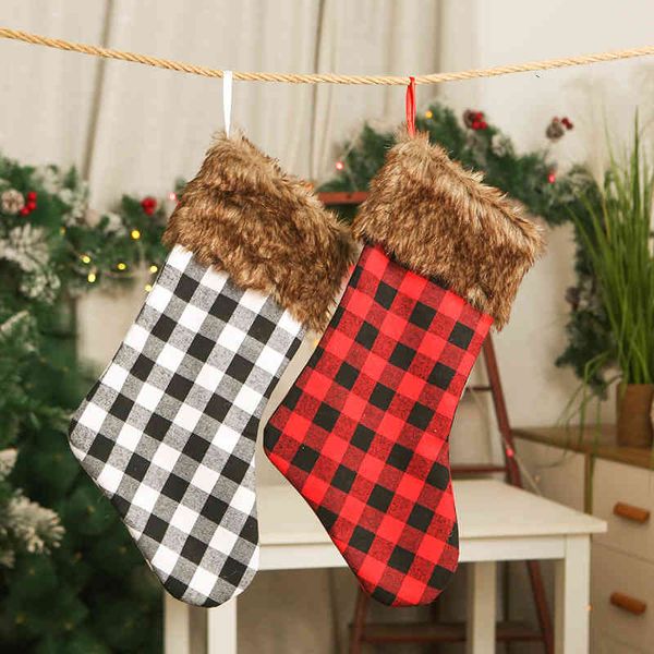 

qiaoding selling new decorative large plaid brown plush edge christmas stockings pendant scene layout