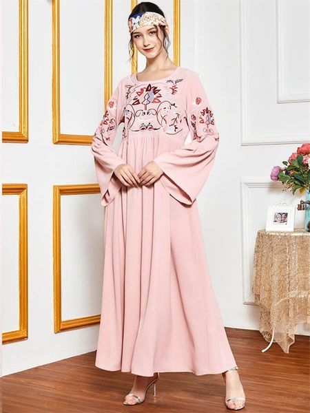 

casual dresses dubai fall 2021 maxi dress sweet pink floral embroidery empire swing long sleeve turkey muslim arabic islamic clothes women g, Black;gray
