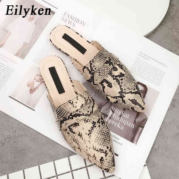 

eilyken 2021 spring autumn serpentine leopard flocked woman flat shoes slip on loafers mules flat flip flops 35-40 c0410, Black