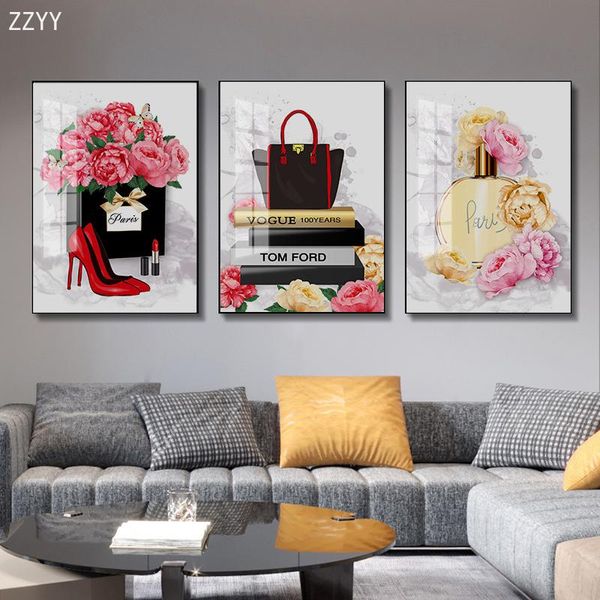

paintings modern fashion perfume vase shopping bag high heels lipstick posters canvas print decorative for room home decor