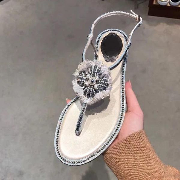 

fringe flat sandals women summer clip toe sandalias mujer 2021 beach shoes rhinestone sandalia feminina zapatos de, Black