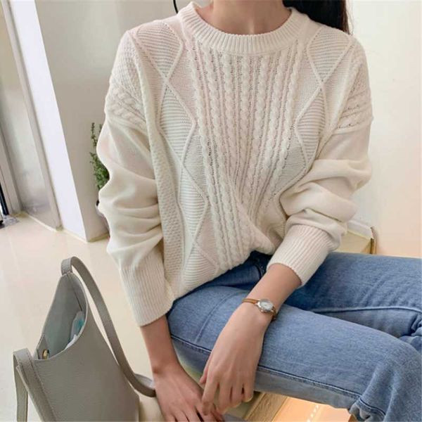 

women's sweaters alien kitty knitted for women 2021 autumn winter female pullover twist loose solid all match elegant office lady, White;black