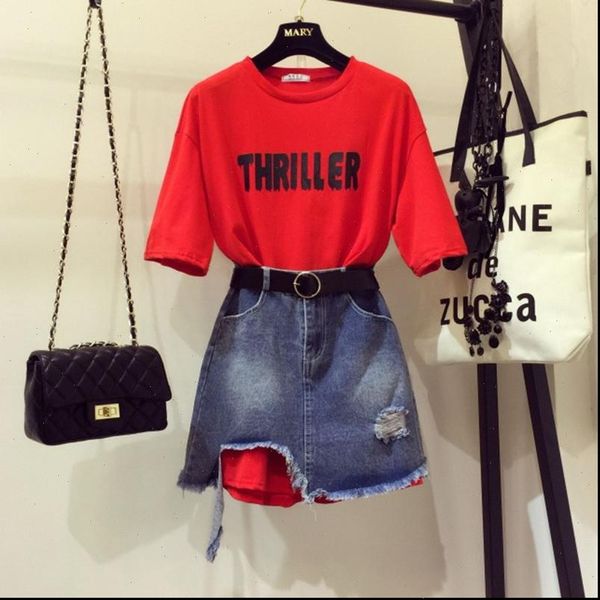 

summer 2 piece sets girls women tracksuits letters print loose long t shirt hole irregular denim skirts jeans skirt, Gray
