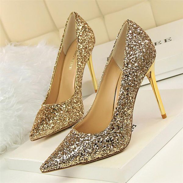 

dress shoes women's fashion bling thin heels solid sequined cloth shallow party pointed toe high heel 9cm women mujer, Black