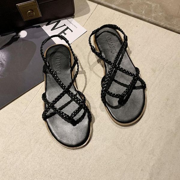 

beach shoes summer fashion student braided clip toe ladies sandals thin belt combination roman, Black