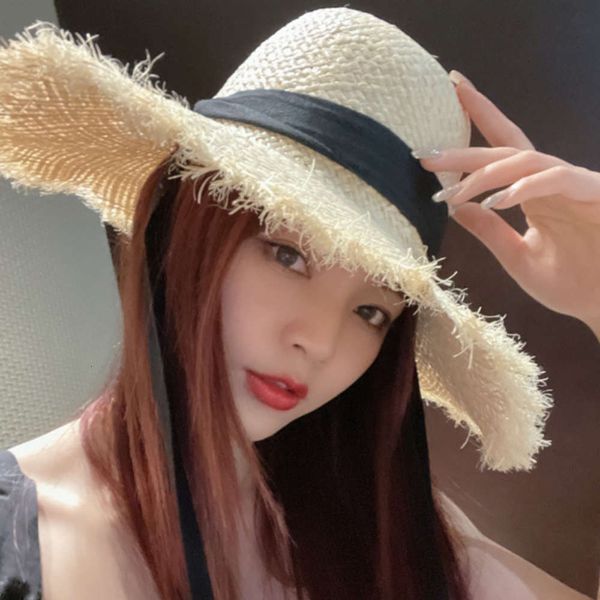 

sun hat south korean personality lace bandage big brim lafite straw versatile sunscreen female holiday beach hat summer tide, Blue;gray