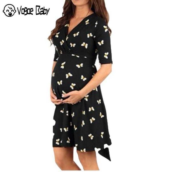 Sexy Mutterschaft Sommer A-Linie Kleid für schwangere Frauen Chic Plus Größe Schwangerschaft Kleidung Blumen Schleife lose Dobby Halbarm Kleid Q0713