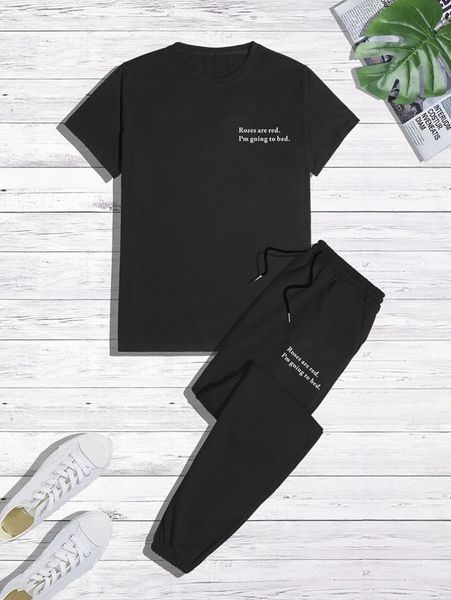 

men slogan graphic tee & drawstring waist sweatpants e59u#, Gray