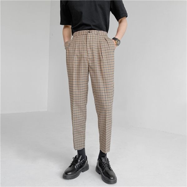 

summer men's casual suit pants vintage micro plaid trousers male regular fit elastic waist tapered ankle length bottoms 210726, Black