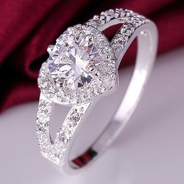

women's s925 silver zircon fashion heart ring engagement wedding gift jewelry wholesale cluster rings, Golden;silver
