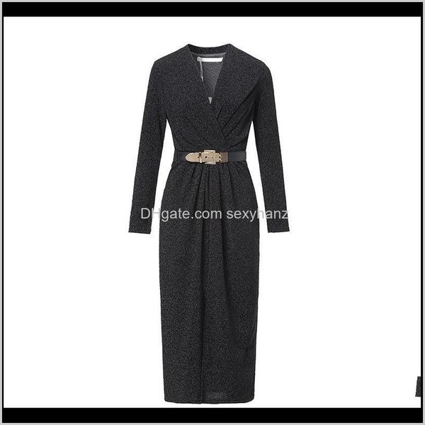 

casual dresses clothing apparel drop delivery 2021 womens fashion dress feminine temperament big v-neck long cultivate morality show thi, Black;gray