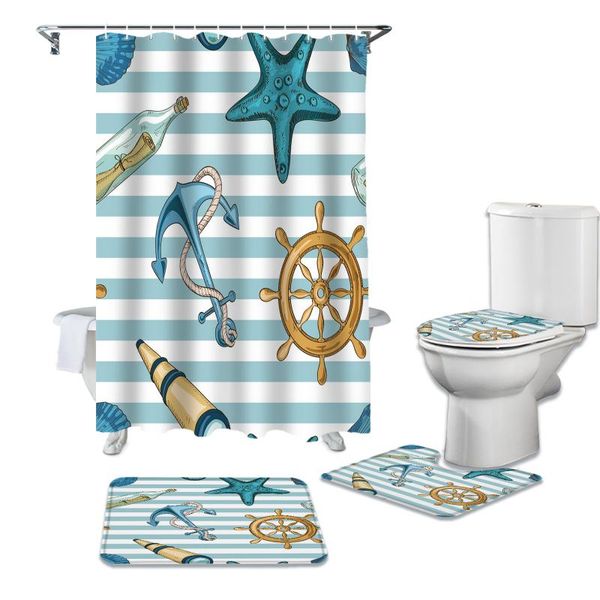 

anchor starfish stripes shower curtain set carpet cover toilet bath mat waterproof bathroom curtains