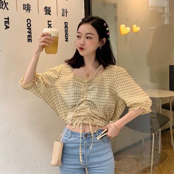 

women's blouses & shirts korean style fresh drawstring square collar plaid shirt women 2021 loose short slimming sleeve, White