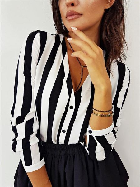 

summer striped black womens shirts white elegant v neck button ol casual loose vintage camisa feminina