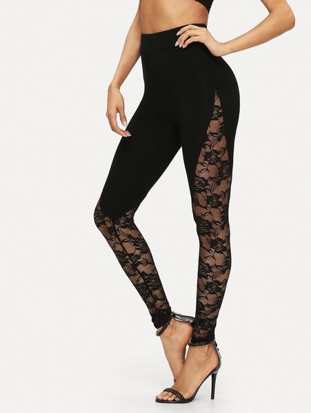 

sheer floral lace insert leggings r4jb#, Black