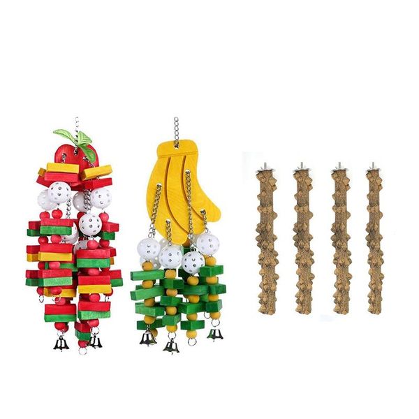 

other bird supplies 2 pieces banana apple parrot cake chew toy & 4 pcs perch nature wood prickly stand