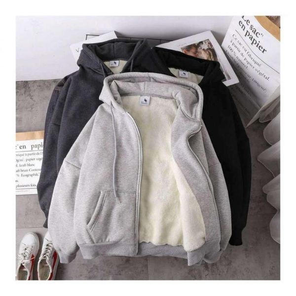 

women's hoodies & sweatshirts jacket women solid color 2021 autumn winter imitation lamb wool korean loose plus velvet thick zipper swe, Black