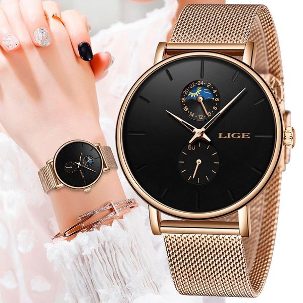 

wristwatches lige woman watches rose gold luxury watch women quartz waterproof women's wristwatch ladies girls clock relogio feminino, Slivery;brown