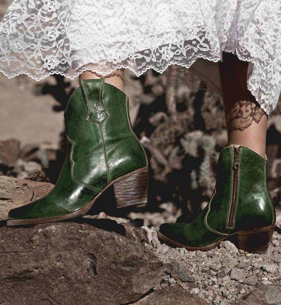 

boots women ankle autumn fashion cowboy shoes pointed toe zipper retro leather short ladies western, Black