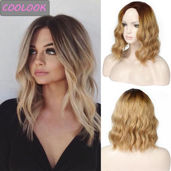 

synthetic wigs short blonde wavy wig 14 inch ombre brown natural wave for black women fibre female false hair cosplay