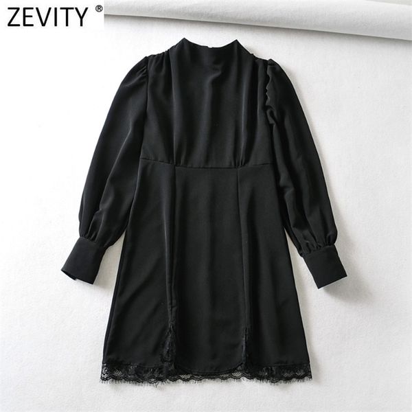 

women vintage pleats stand collar hem lace stitching black mini dress office chic female back zipper vestido ds4980 210416, Black;gray